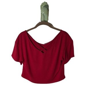 𝅺Cross Back Boxy Loose Fit Crop Low Neck Tee Red NEW